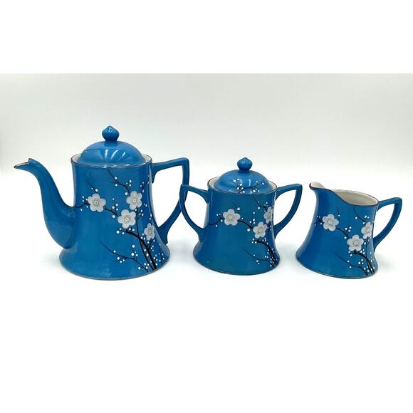 Made in Japan White Cherry Blossom Tea Set in Robins Egg Blue - Picture 1 of 8